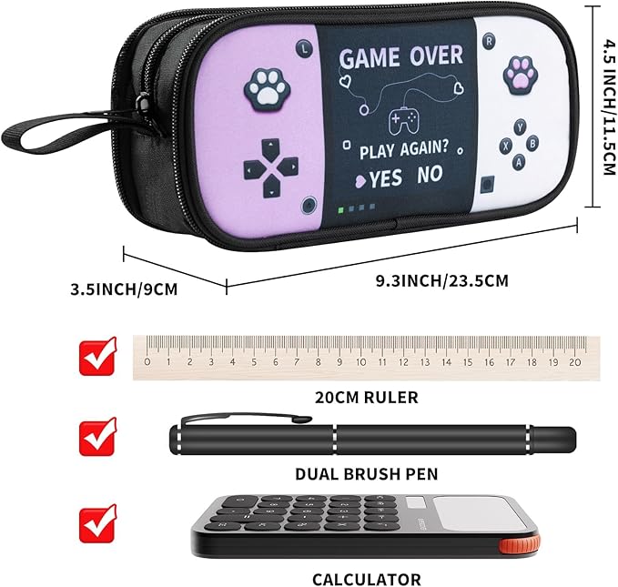 Easozoom Large Game Controller Pencil Case for Teen girl Kid Capacity Pen Box Pouch Organizer Holder Bag with 3 Compartments & Zipper School College Office Supplies (1PCS Pencil Case) (Purple&White)