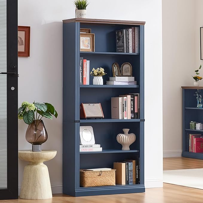 RWYHG 70" Blue Tall Bookshelf Set of 2,5-Tier Thick Wooden Book Shelf with Adjustable Shelves,Free Standing Farmhouse Bookcase with Open Display Storage,Floor Vintage Bookshelves for Living Room