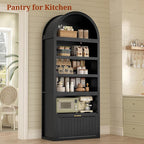 81" Tall Arched Cabinets,Bookcase with Drawer storage,Mid-Century Modern 5-Tier Bookshelf,2 Book Risers and Adjustable Shelves offering more storage space for Living Room,Kitchen,Home Office,Black