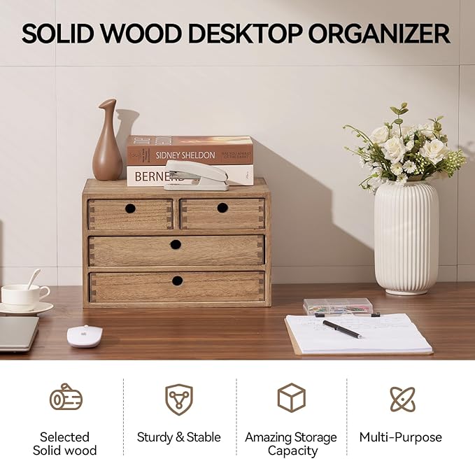 Kirigen Wood Desktop Storage Cabinet/Workspace Document Office necessity Organizer with 4 Drawers/Home,office Letter Mail Sorter with 3 levels/Hold Makeup Box (BR, 3-layer &4 drawers) Dark brown