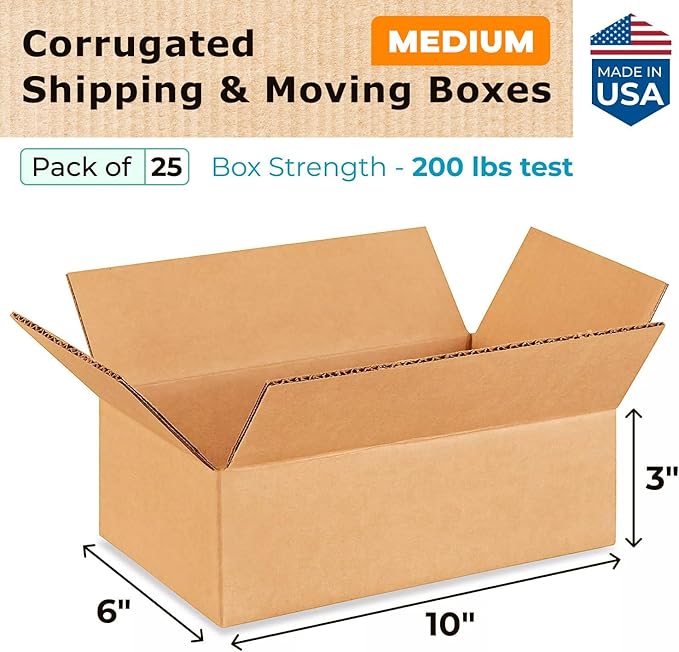 Medium Moving & Shipping Boxes 10"L x 6"W x 3"H, Pack of 10 - Extra Strength 200 lb vs Regular - Corrugated Cardboard Box, Made in USA - Strong Shipping Box Medium by IDL Packaging