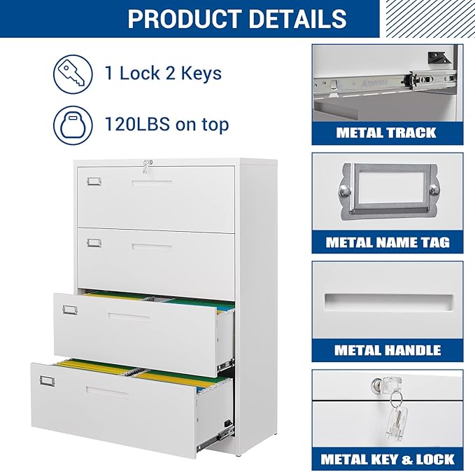 Fesbos Lateral File Cabinet with Lock, 4 Drawer Large Metal Filing Cabinet,Home Office Lockable Storage Cabinet for Hanging Files Letter/Legal/F4/A4 Size-Assembly Required