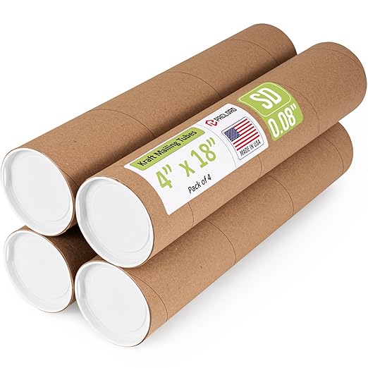 Paclord 4" x 18" Reinforced Kraft Paper Mailing Tube, Pack of 4 Tubes with 8 Caps – Secure USPS Approved Poster Tube – Cardboard Tube for Shipping and Storing Posters, Prints, Artwork, or Documents