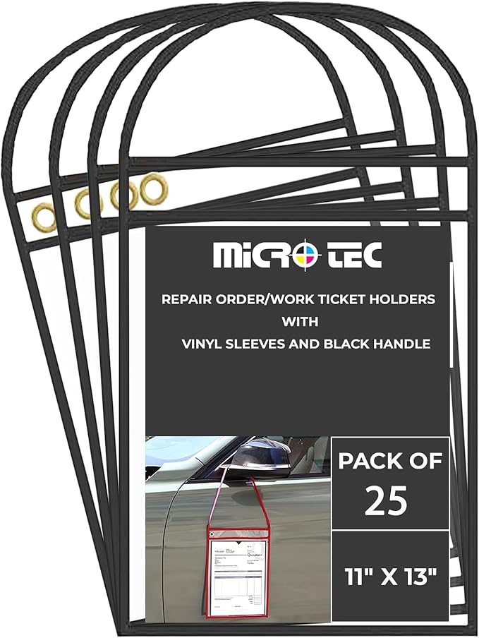 MICRO TEC Repair Order/Work Ticket Holders – Heavy-Duty Clear Vinyl Sleeves with Black Handle – 11" x 13" for Automotive Repair Orders, Job Tickets, Documents – Pack of 25 – Clear/Black