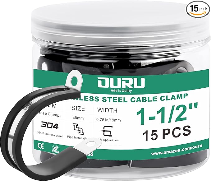 OURU 15pcs 1-1/2 Inch Stainless Steel Cable Clamps,Rubber Coated Cushioned Insulated Cable Clamp,Automotive Cable Wire Clamps,Pipe Clamps,Metal Clamp for Tube,Lines,Wire Cord Installation(Black,38mm)
