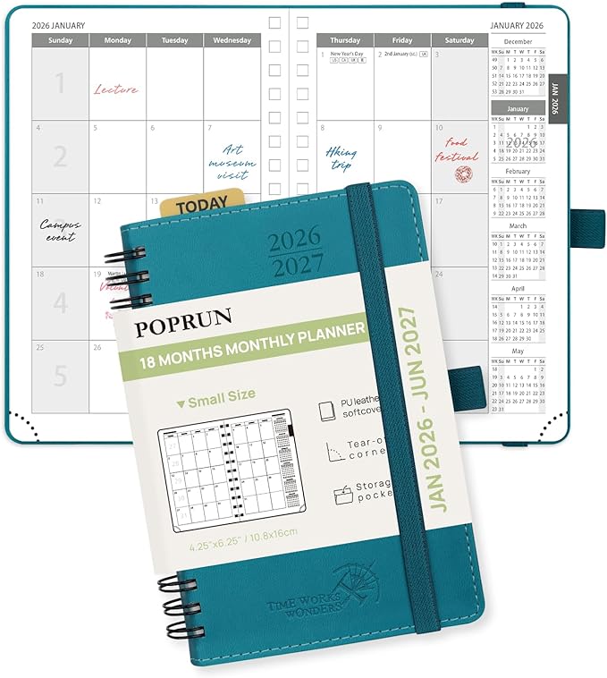 POPRUN Pocket Monthly Planner 2026-2027 (Small Size 4.25" x 6.25") 18 Months Calendar Book(Jan 2026 - Jun 2027) - 4 Pages per Month with Expense & Notes, Leather Cover, Sunday Starts - Pacific Green