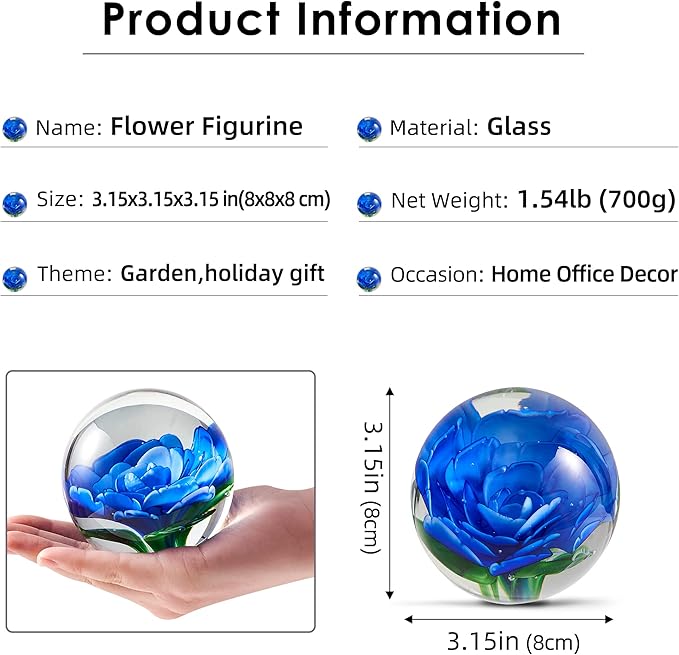 EUSTUMA Hand Blown Glass Flower Paperweight Figurine for Office Desk.Give You A Gift from The Person You Love, The Garden Decoration.(Blue Flowers)