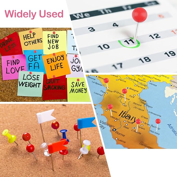 1000 Pcs Multi-Color Push Pins, Map Pins for Travel Map, Small Map Tacks with Plastic Beads Head for Cork Board (Red, 1/8 ")