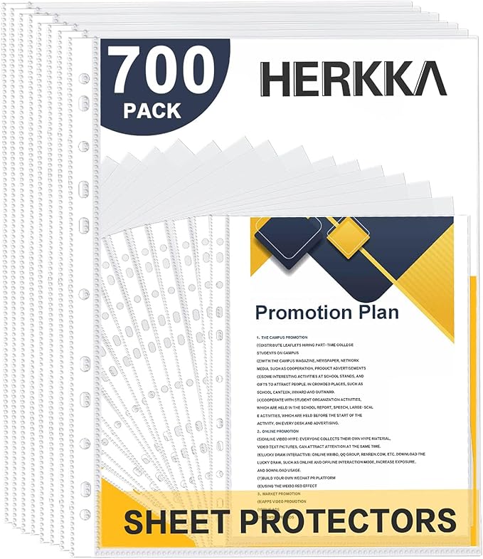 Sheet Protectors, HERKKA 700 Pack Heavy Duty Clear Plastic Page Protectors Sheet Reinforced 11-Hole Fit for 3 Ring Binder Fits Standard 8.5 x 11 Paper, 9.25 x 11.25 Top Loaded, Acid Free
