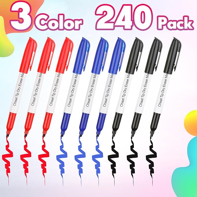Sepamoon 240 Pack Dry Erase Markers Bulk Chisel Tip Whiteboard Markers Pens Low Odor for Office Home(Black, Blue, Red)