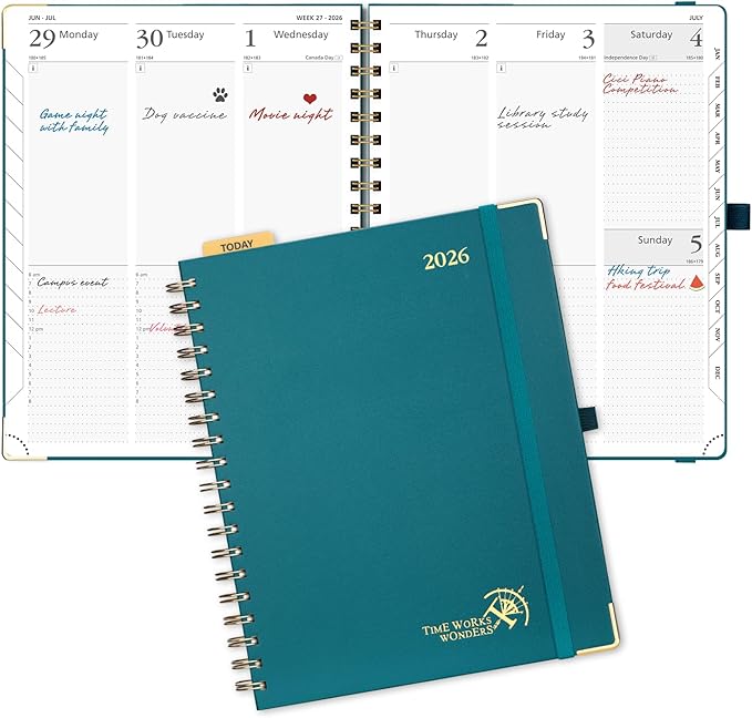 POPRUN 2026 Planner Daily Weekly and Monthly Calendar with Hourly Schedule, Monthly Tabs(Large Size 10'' x 8'' Wire-Bound Hard Cover) - Agenda 2026 (Jan.2026-Dec.2026) - Pacific Green