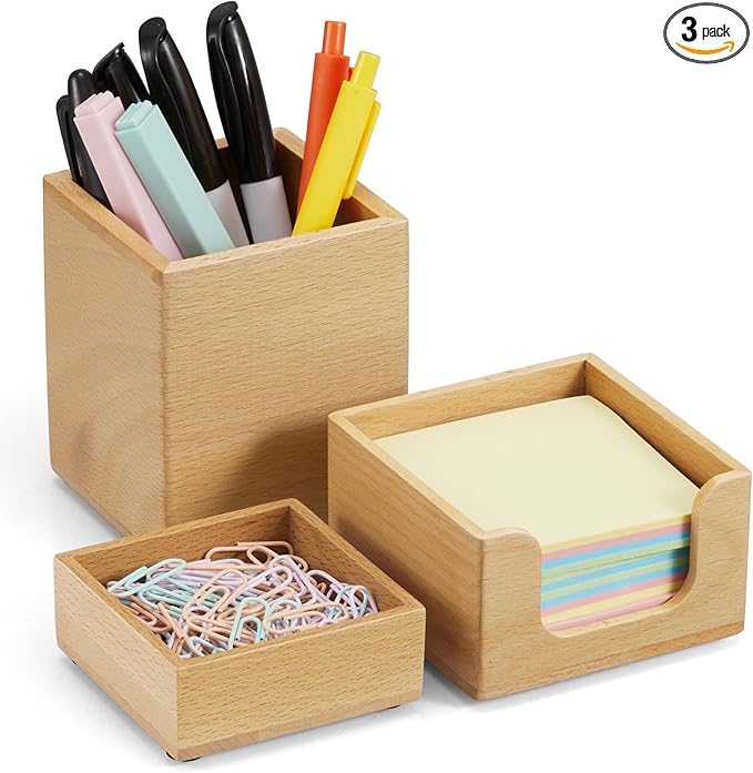 CMLKLZD Desk Organizer Set of 3 - Wood Office Desk Accessories - Desk Organizers and Accessories for Women Men - Set incl. Pencil Pen Holder, Paperclip Storage and Sticky Note Holder