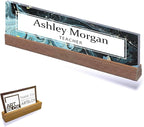 ARTBLOX | Office Personalized Name Plate Green Marble Design On Clear Acrylic Glass for Desk with Business Card Holder