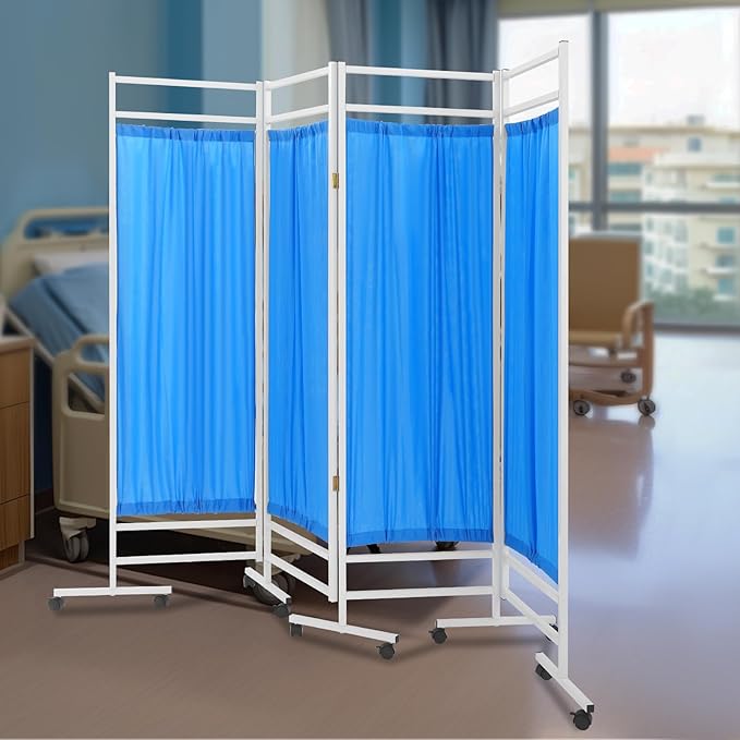 Medical Privacy Screens, Waterproof Nylon Fabric, 78.7 * 70.9 in Foldable Rolling Medical Privacy Screen with Silent Wheels, Suit for Hospitals, Clinics, and Nursing Homes (Blue, 4 Panels)