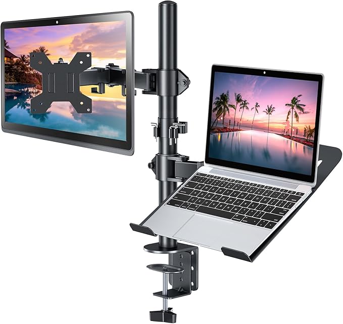 H&C(hcck&Cllassp) Monitor and Laptop Mount Stand for 13" to 32" Screens, Adjustable Monitor Arm Stand with Tray for 11-17” Laptop, Holds 18lbs/Arm, C-Clamp, 75x75/100x100 VESA