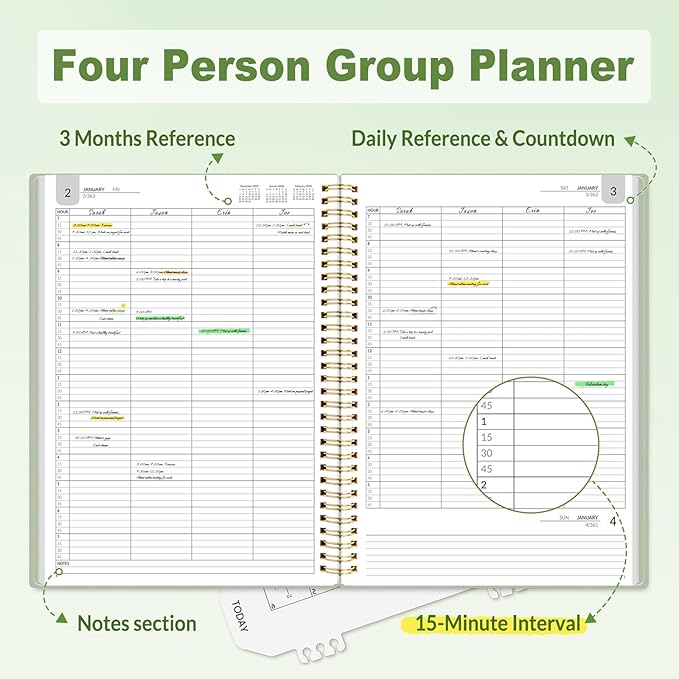 SUNEE 2026 Daily Planner,4-Person Group Appointment Book with Quarter-Hourly Layout. Weekly & One-Page-Per-Day Format, Jan to Dec 2026, 8.5"x11",Weekly Planner, Flexible Cover, Note Pages, Bookmark, Black,Sage Green