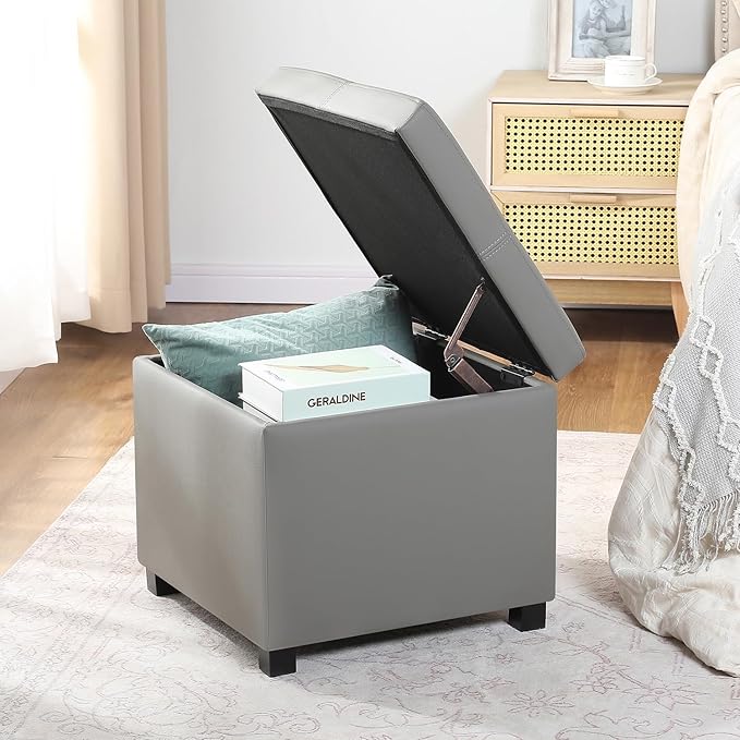Asense 17 Inch Storage Ottoman Foot Rest,Square Faux Leather Foot Stool,Small Ottoman with Storage,Padded Seat for Entryway,Living Room,Bedroom,Couch,Under Desk,Grey