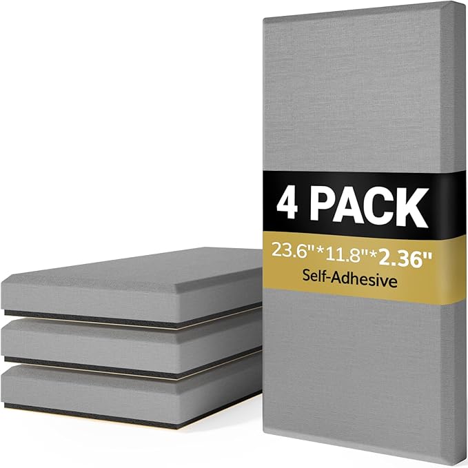 TONOR 4 PCS Large Acoustic Panel, 23.6″ * 11.8″ * 2.36″ 3D Fiberglass Sound Proof Panel with Full Self-Adhesive, Decorative Echo Absorbing Wall Panel, for Studio, Living Room, Home, Office, Grey