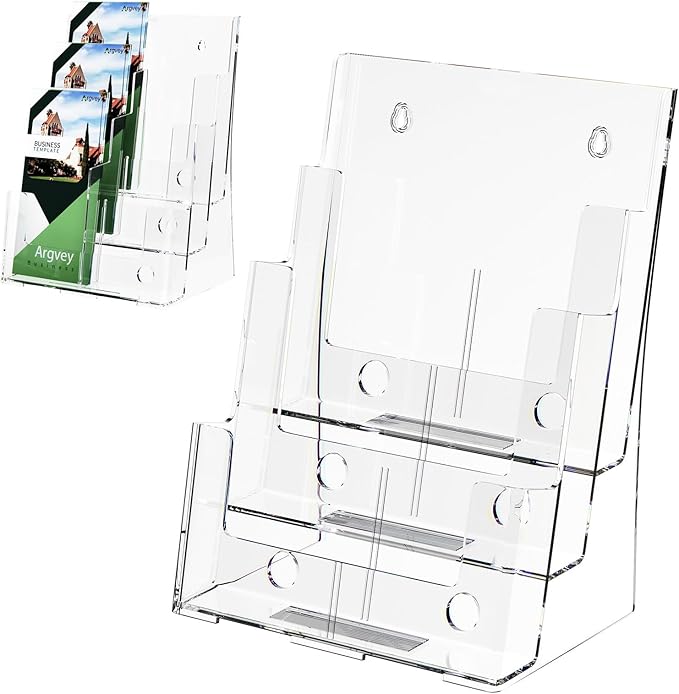 Argvey Acrylic Brochure Holder 8.5 x 11 inches, 3 Tier Clear Literature Holder with Removable Divider for Trifold 4 Inches Wide Pamphlet, Plastic Flyer Display Stand for Magazine, Document, Booklet