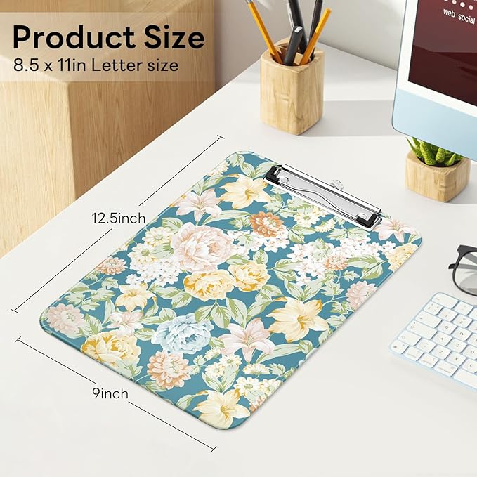 Luminzo Plastic Cute Clipboard Low-Profile Metal Clip, A4 Letter Size 9 x 12.5 in, 8.5 x 11 Paper Clip Board for Teachers, Nurses, Classroom,Blue Crushed Flower