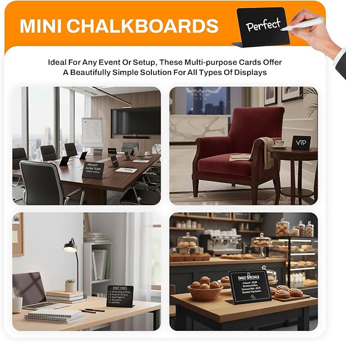 12 Pack Mini Chalkboard Signs for Food, 4”x3” Small Reusable Chalk Board Signs w/Spray Bottle, Food Labels for Party Buffet, Table Signs for Wedding, Name Tags, Bakery