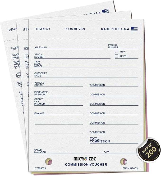 Commission Voucher Book CV-59-3 Part Carbonless Forms, Triplicate NCR Receipt Book, Snap-Out Pre-Punched with File Holes Commission Vouchers, Blue Ink, 4.25 x 5.625 Inch - Pack of 200