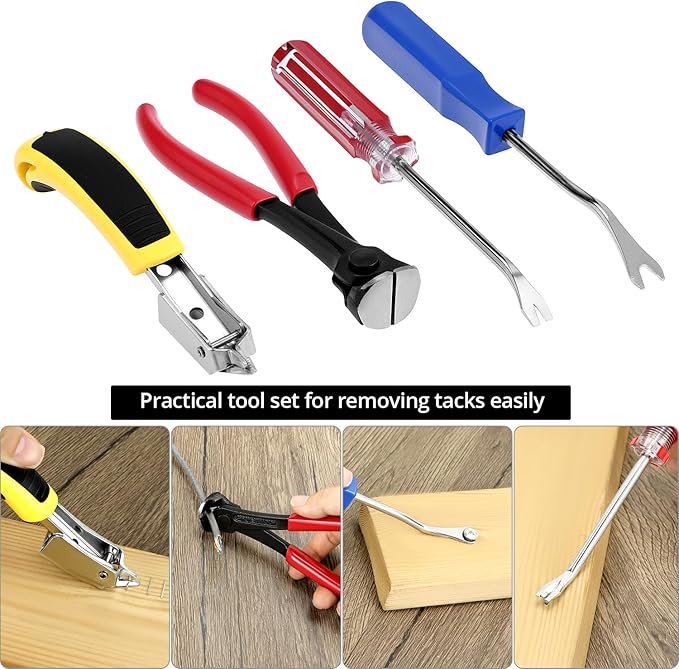 QWORK 4 Pcs Staple Remover Tool and Nail Puller Set, End Cutting Plier, V Tip Tack Pullers, for Furniture Floor Wall Car