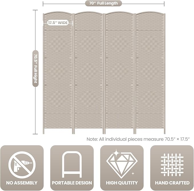 Cocosica 4 Panel Room Divider,6Ft Folding Privacy Screen,Tall - Extra Wide Foldable Panel Partition Wall Divider with Diamond Double-Weaved Hand-Woven Design Room Screen Divider