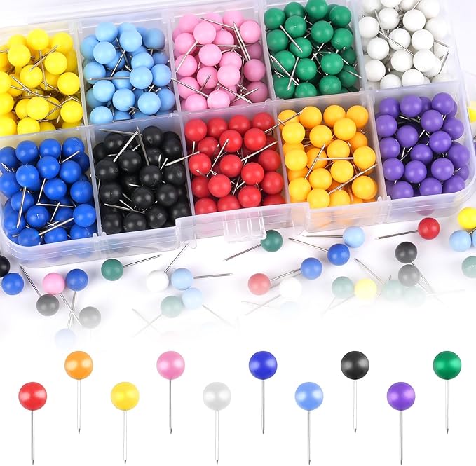 1000 Pcs Multi-Color Push Pins, Map Pins for Travel Map, Small Map Tacks with Plastic Beads Head for Cork Board (Mixed Colors, 1/4 ")