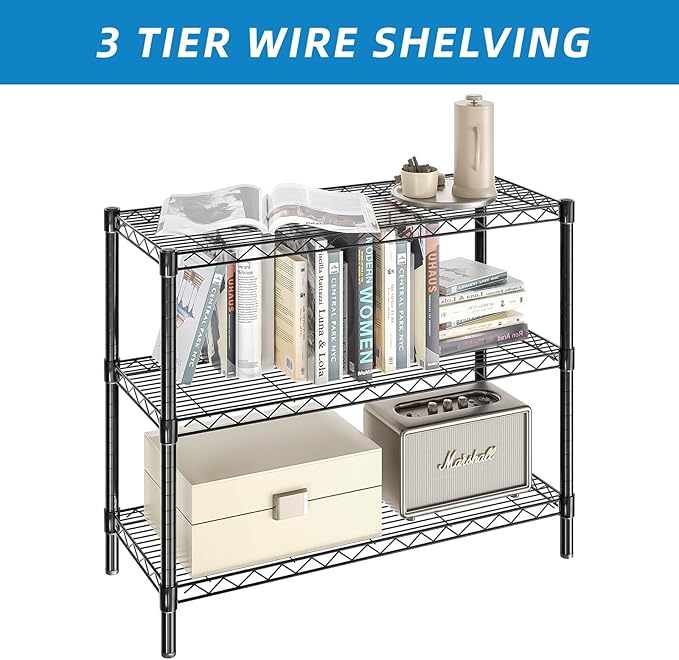 Guan River 3-Shelf Adjustable Metal Shelf Wire Shelving Unit Storage Rack Display Shelf for Office,Kitchen,Bedroom,Bathroom,Laundry,Pantry Basement,Garage(Black,36" L x 14" W x 30" H)