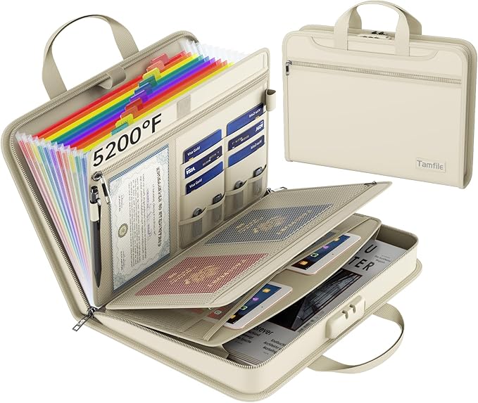 5200℉ Fireproof Accordion File Organizer with Lock, Thickened Document Organizer 13 Colorful Pocket with Labels, Important Document Organizer, Expanding File Folder with Handle for Letter A4 (Beige)