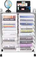 DORTALA 15-Drawer Rolling Storage Cart with Drawers, Rolling Utility Cart w/Removable Drawers & Universal Wheels, Tools Scrapbook Paper Organizer for School, Office, Home, Classroom (Clear)