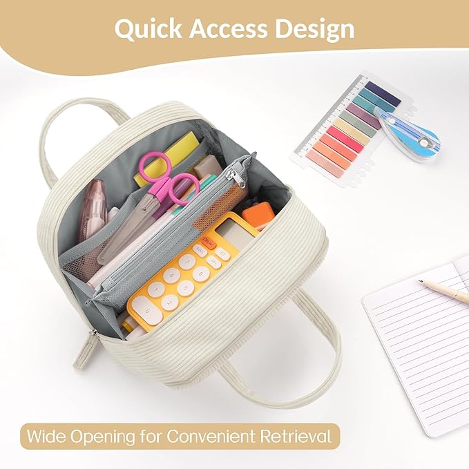 Sooez Large Pencil Case Pouch, Extra Big Pencil Bag with 5 Compartments, Pen Bag Wide Opening, Soft Corduroy Pencil Pouch Organizer with Zipper, Cute Aesthetic School Supplies for Girls-Light Purple