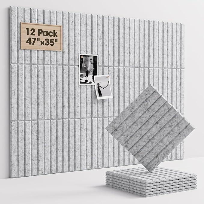 Soundsbay Large Cork Board, 47"x35" Slat Bulletin Board Alternative, 12-Pack Cork Boards for Walls, 60 Adhesive Tabs, Felt Wall Tiles for Home Office Classroom Pin Board