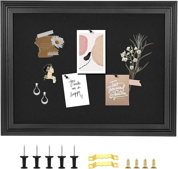 YCCYYCCY Bulletin Board with Felt, Black Wood Framed Display Bulletin Board for Walls with Pins, Eye Bolts, gaskets, Screws, Pin Board for Office, School and Home(MZB-BK,3343,1P)