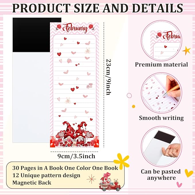 Eaasty 12 Pcs Seasonal Holiday Magnetic Notepads for Refrigerator Gnome Monthly Magnetic Grocery List 9 x 3.5" Magnet Memo Pads 30 Sheets Per Pad Shopping to Do List for January to December