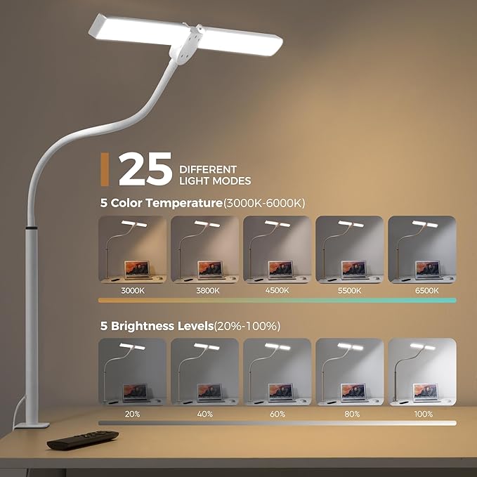 Led Desk Lamp for Home Office, Eye-care Architect Light with Clamp, Smart Double Head Computer Monitor Table Clip Lamp, Adjustable Flexible Goose-Neck, 25 Lighting Models, Task Lamp, White and Sliver