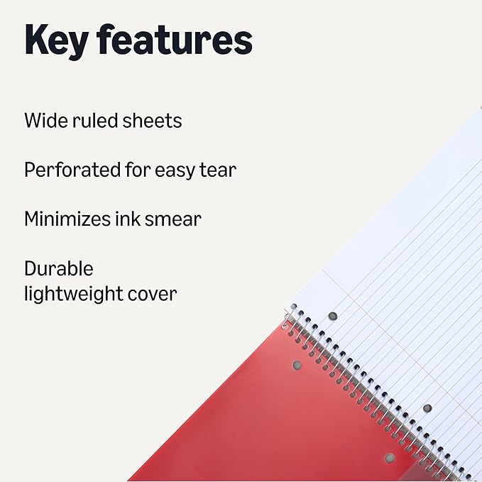Amazon Basics Wide-Ruled Spiral Notebook with Pocket Divider, for School, Office and Work, 100 Sheets, 8" x 10.5", Assorted Primary Colors, 3-Pack