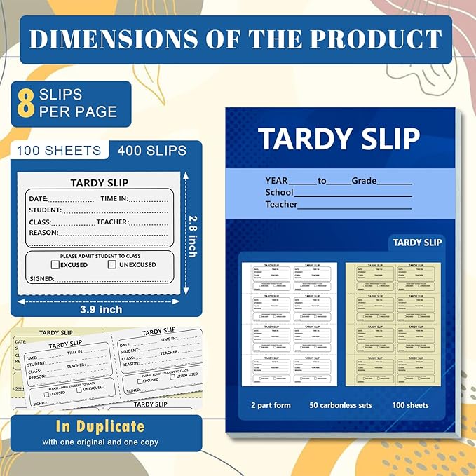 2 Pack 800 Pcs Tardy Slip Book with Carbonless Duplicates Easy Removal Fold and Tear with 3.9 * 2.8inch (Tardy Slips) 2 Part Form Register Book for Student Late Arrival School Supplies Teacher