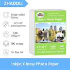 ZHADDLI Inkjet Glossy Photo Paper, 8.5X11 Inches,Pack of 100 Sheets, Compatible with Inkjet Printer Use DYE INK，Glossy Inkjet Paper 200gsm