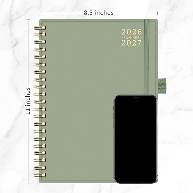 RETTACY 2026-2027 Monthly Planner, Jan 2026 - Dec 2027, Large Size (8.5" x 11"), Agenda, Calendar, 24 Month Tabs, Flexible Plastic Cover, 100 GSM Thick Paper, Spiral-bound (Light Green)