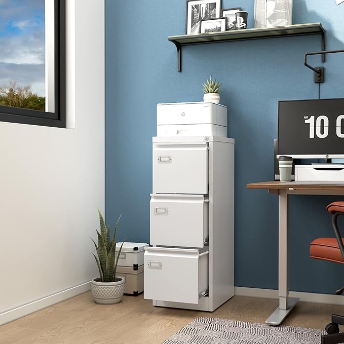 PEUKC 3-Drawer File Cabinet with Lock, 16.3" Deep Vertical Filing Cabinets, Metal File Cabinets for Home Office, Anti-Tip 3 Storage Drawers for Letter/Legal/A4/F4 Size (Assemble Required, White)