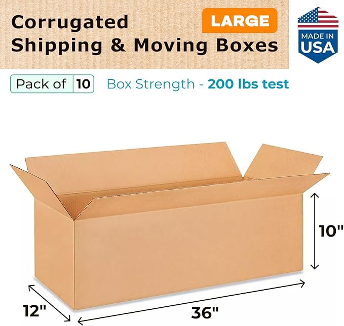 Large Shipping & Moving Boxes 36x12x10 inches (10-Pack) - Extra Strength 200 lb vs Regular - Corrugated Boxes for Packaging Moving Stuff - Durable Shipping Box - Box for Moving by IDL Packaging