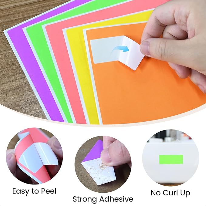 THEBLUETOUCH 1" x 2-5/8" Neon Labels – 750 pcs Printable Labels Stickers (30 per Sheet, 25 Sheets), 5 Assorted Bright Colored Stickers for Inkjet/Laser Printing
