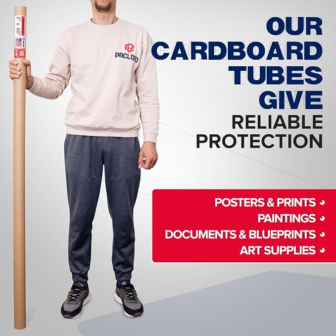 Paclord 2" x 60" Heavy-Duty Reinforced Cardboard Mailing Tube, Pack of 6 Tubes with 12 Caps – Secure USPS Approved – Great for Shipping and Storing of Prints, Artwork, Posters or Documents