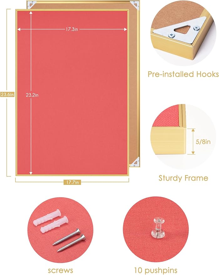 Lightomorrow Bulletin Board 23.6 x 17.7 inches, Coral Red Pin Board, Golden Aluminum Framed Fabric Cork Board with 10 Push Pins