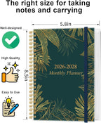 2026-2028 Monthly Planner, Three Years Calendar from January 2026 - December 2028 with Spiral Binding, Inner Pocket, Elastic Closure, 38 Month Planner for Home | School | Office, 5.8" x 8.5", Green Gold Leaf