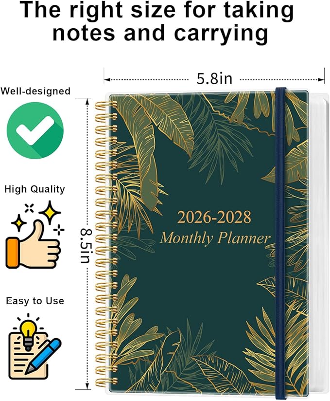 2026-2028 Monthly Planner, Three Years Calendar from January 2026 - December 2028 with Spiral Binding, Inner Pocket, Elastic Closure, 38 Month Planner for Home | School | Office, 5.8" x 8.5", Green Gold Leaf