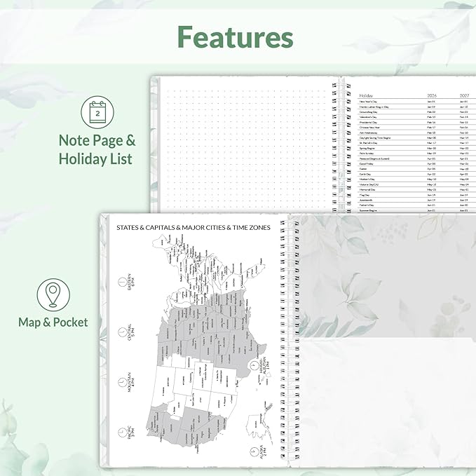 SUNEE 2026 Planner, Weekly and Monthly Calendar Planner, January 2026-December 2026, Daily Agenda with Tabs, Note Pages, Spiral Binding, 8.5"x11", Leaf