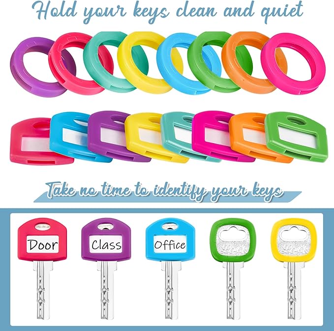 Blulu 80 Pcs Key Labels Key Color Covers Caps Tags Covers Set Plastic Keys Identifier Rings Toppers for Tags Organization House, 2 Styles(Rainbow Color)